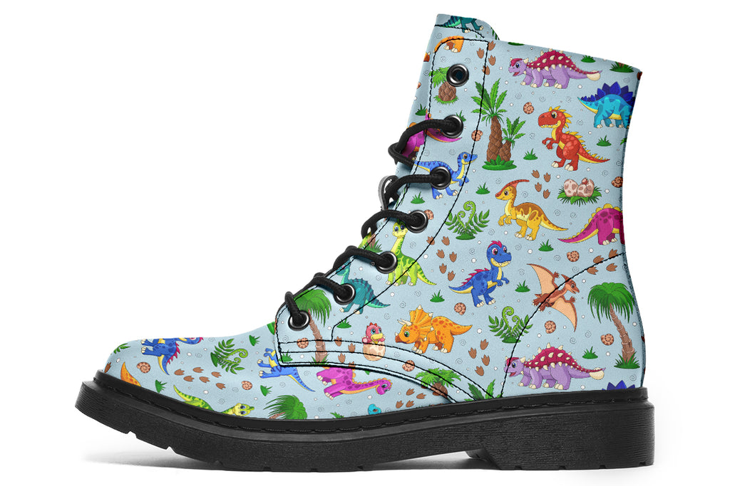 Light blue boots with a pattern of different coloured cute baby dinosaurs, prehistoric-looking trees and dinosaur eggs
