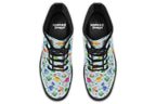 Light blue boots with a pattern of different coloured cute baby dinosaurs, prehistoric-looking trees and dinosaur eggs