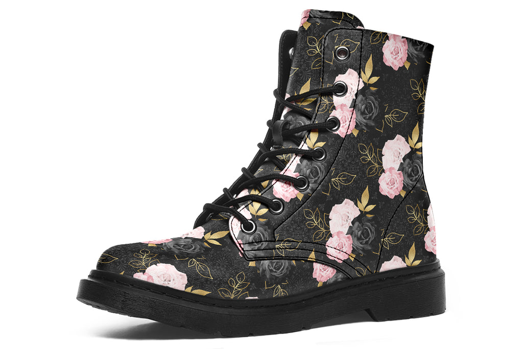 Black boots with a repetitive patterns of blush pink and black roses with gold leaves