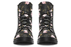 Black boots with a repetitive patterns of blush pink and black roses with gold leaves