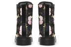 Black boots with a repetitive patterns of blush pink and black roses with gold leaves