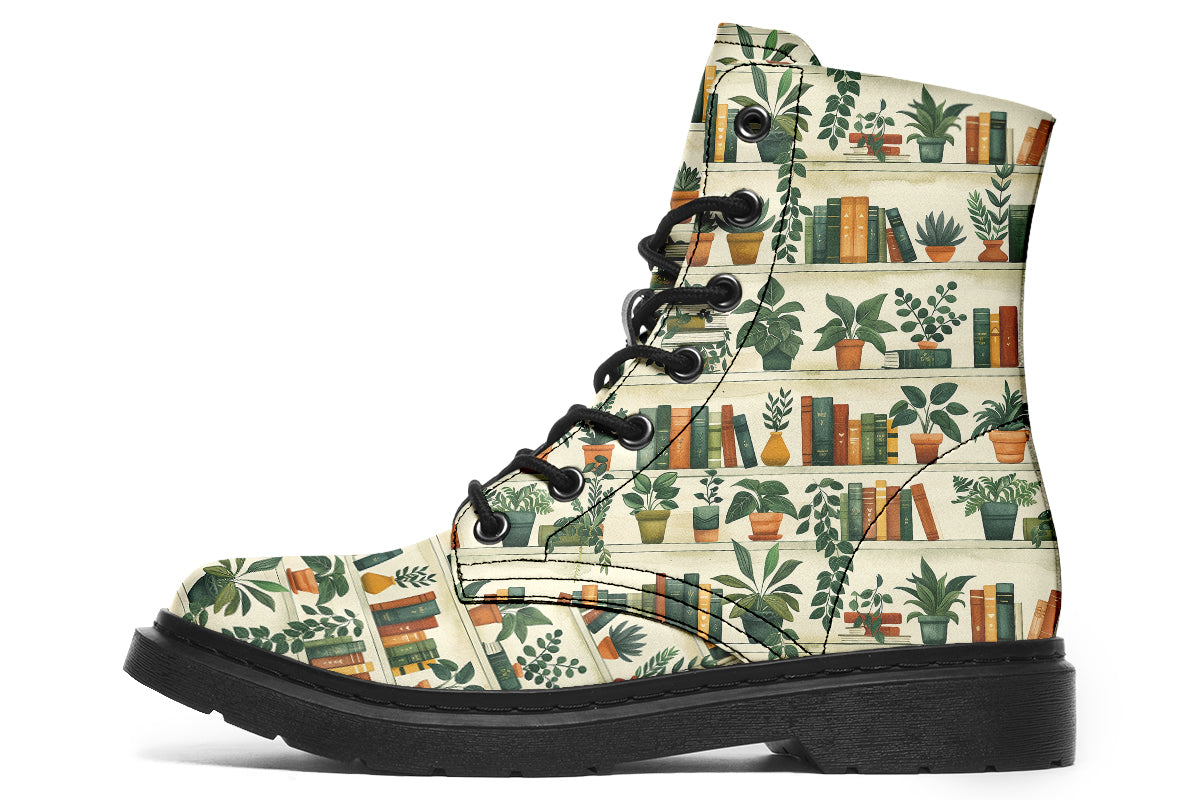 Cream coloured boots featuring a pattern of bookshelves with books and potted plants on them