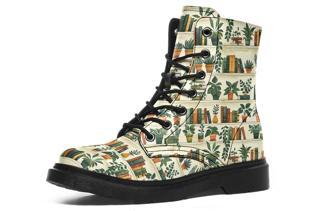 Cream coloured boots featuring a pattern of bookshelves with books and potted plants on them
