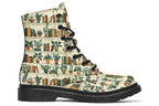 Cream coloured boots featuring a pattern of bookshelves with books and potted plants on them