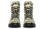 Cream coloured boots featuring a pattern of bookshelves with books and potted plants on them