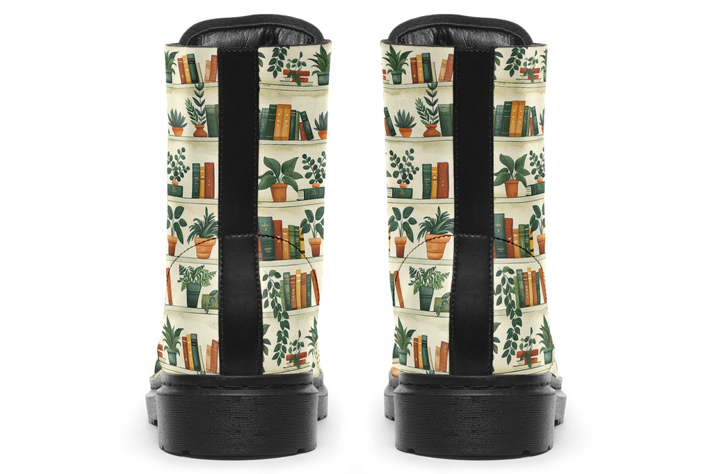 Cream coloured boots featuring a pattern of bookshelves with books and potted plants on them