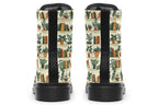 Cream coloured boots featuring a pattern of bookshelves with books and potted plants on them
