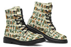 Cream coloured boots featuring a pattern of bookshelves with books and potted plants on them