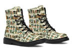 Cream coloured boots featuring a pattern of bookshelves with books and potted plants on them