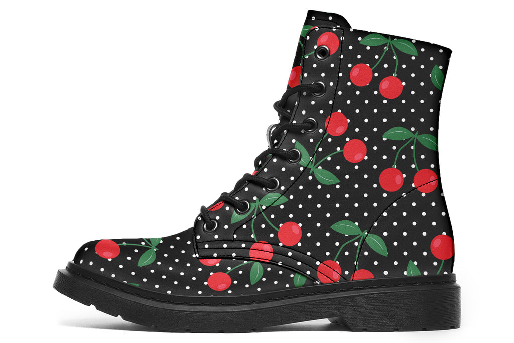 Black boots with a pattern of red cherries and white polka dots