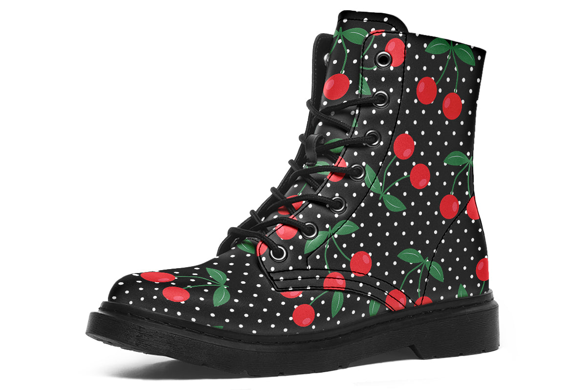 Black boots with a pattern of red cherries and white polka dots