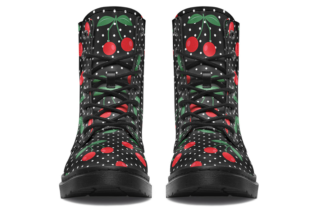 Black boots with a pattern of red cherries and white polka dots