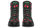 Black boots with a pattern of red cherries and white polka dots