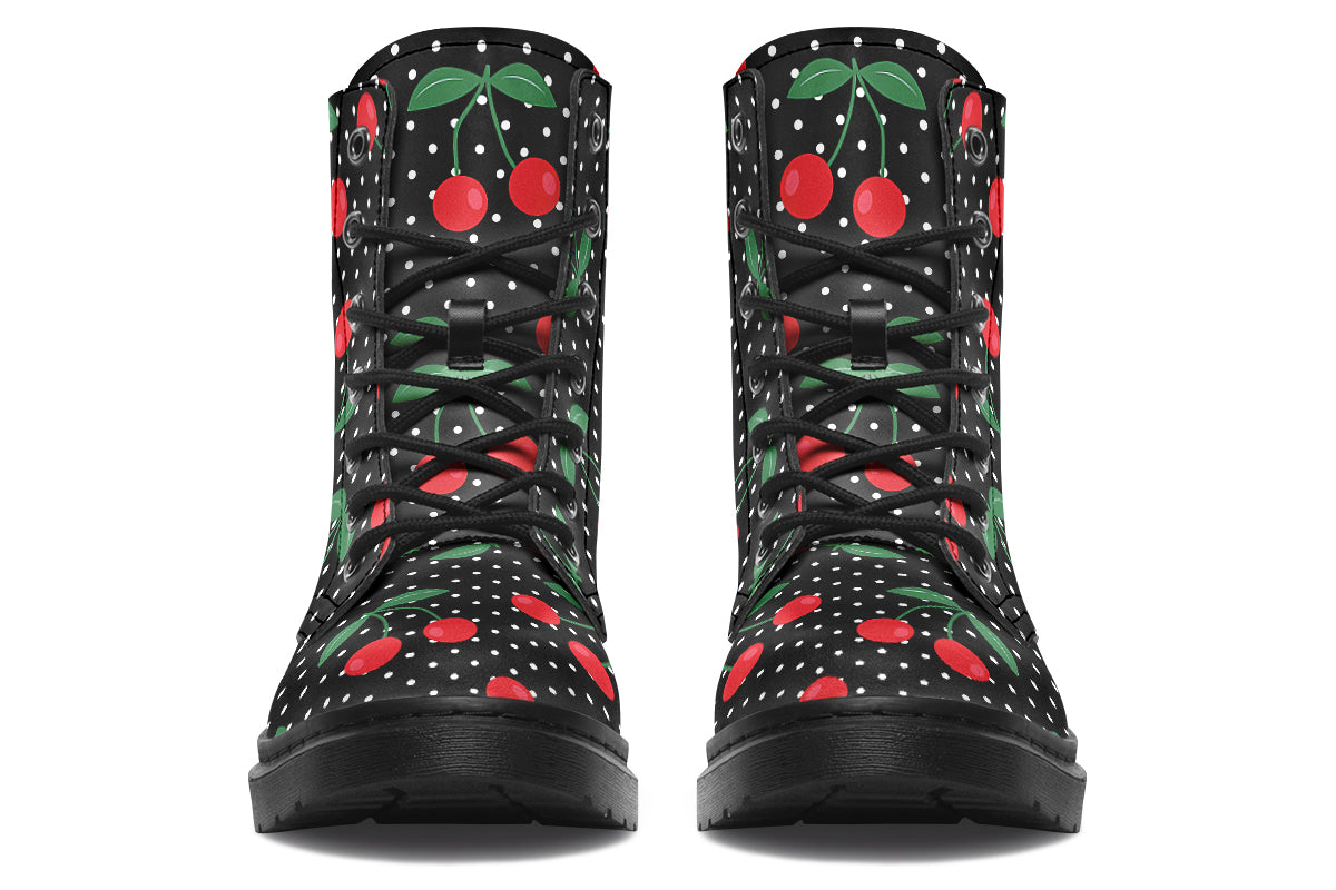 Black boots with a pattern of red cherries and white polka dots