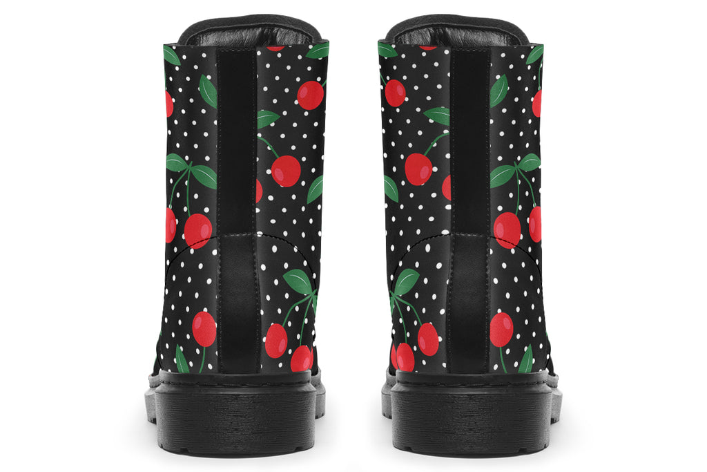 Black boots with a pattern of red cherries and white polka dots