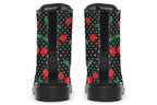 Black boots with a pattern of red cherries and white polka dots