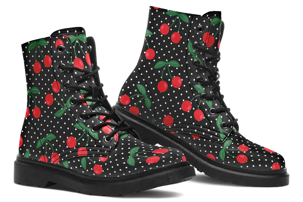Black boots with a pattern of red cherries and white polka dots