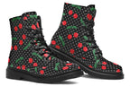 Black boots with a pattern of red cherries and white polka dots