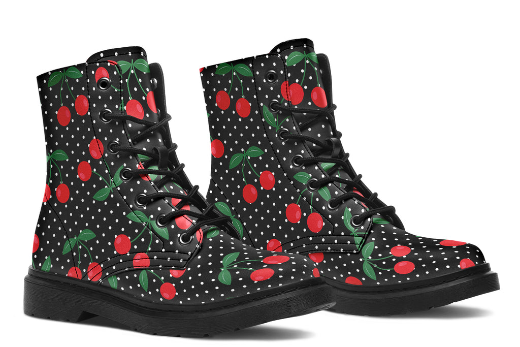 Black boots with a pattern of red cherries and white polka dots