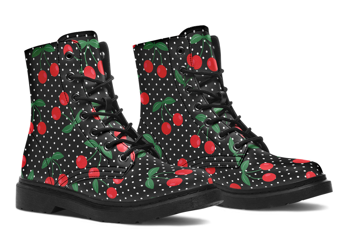 Black boots with a pattern of red cherries and white polka dots