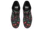 Black boots with a pattern of red cherries and white polka dots