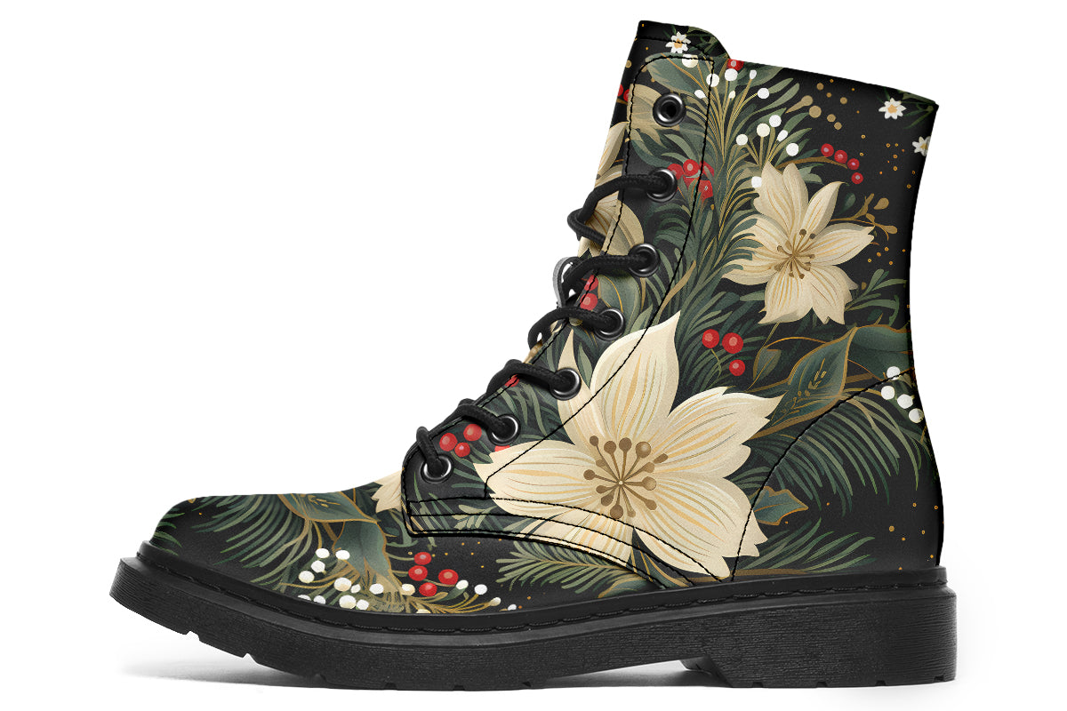 Boots featuring a design with deep green leaves, white flowers and red berries.