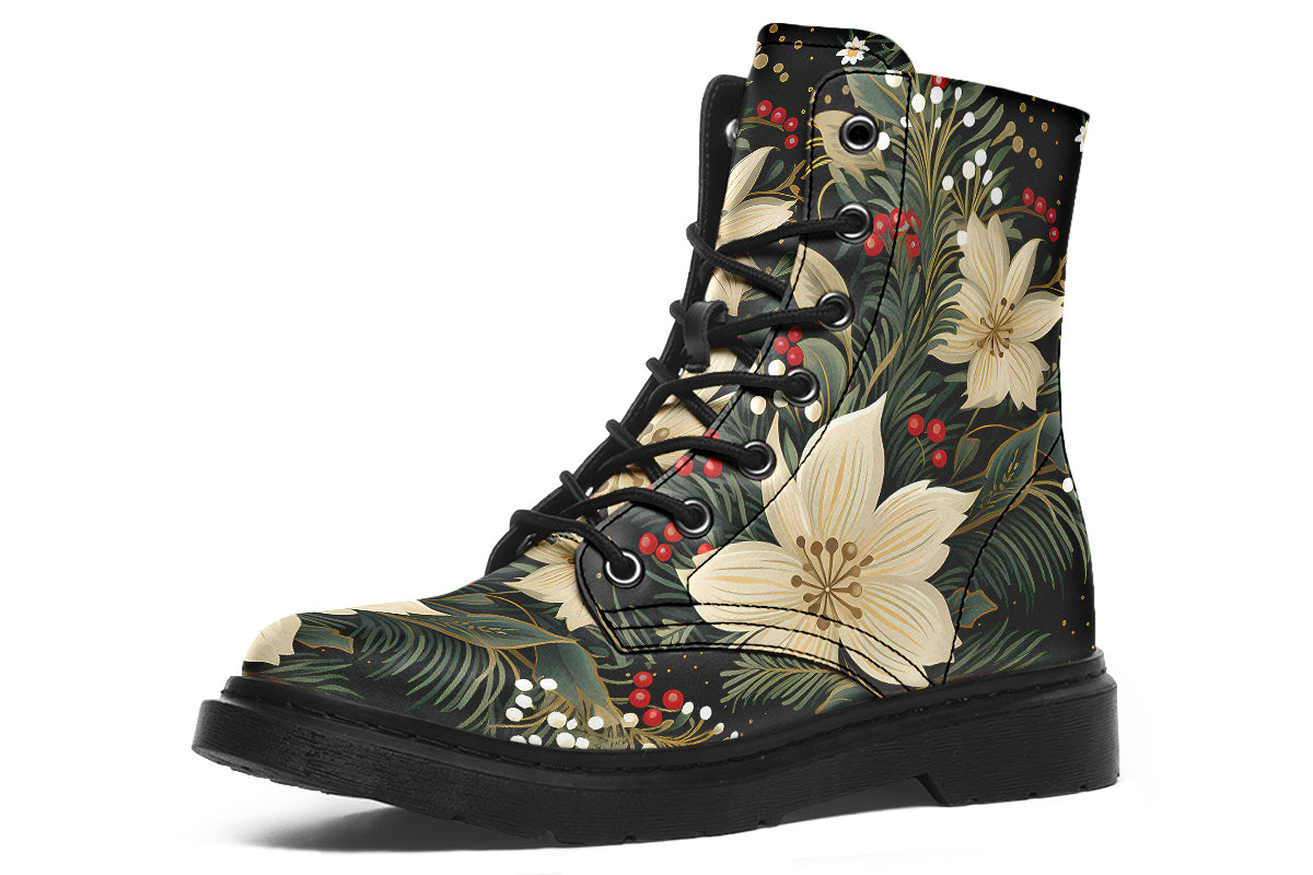 Boots featuring a design with deep green leaves, white flowers and red berries.
