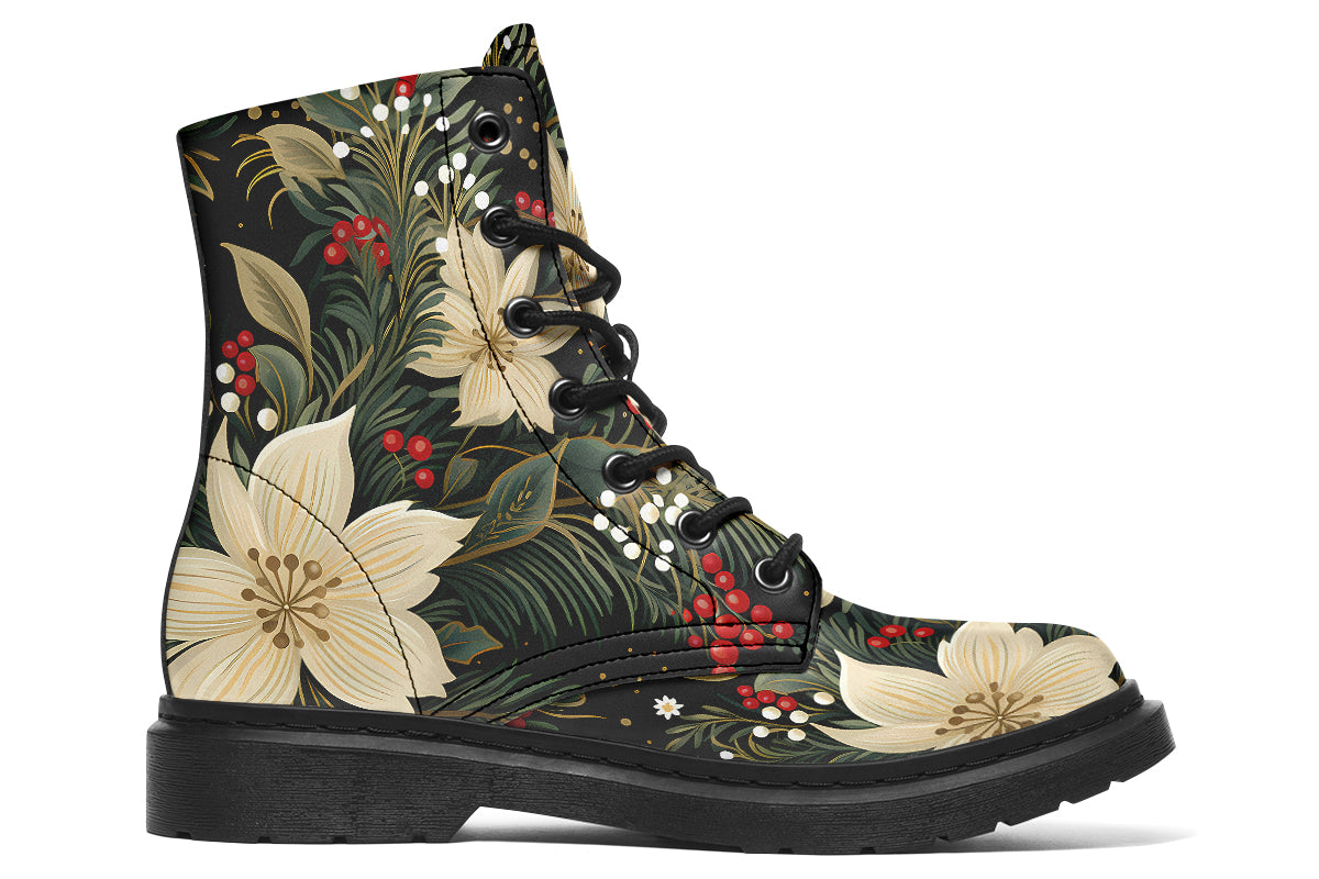 Boots featuring a design with deep green leaves, white flowers and red berries.