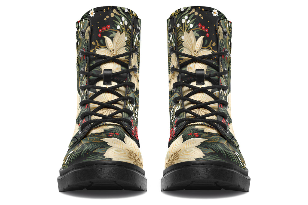 Boots featuring a design with deep green leaves, white flowers and red berries.