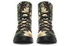Boots featuring a design with deep green leaves, white flowers and red berries.