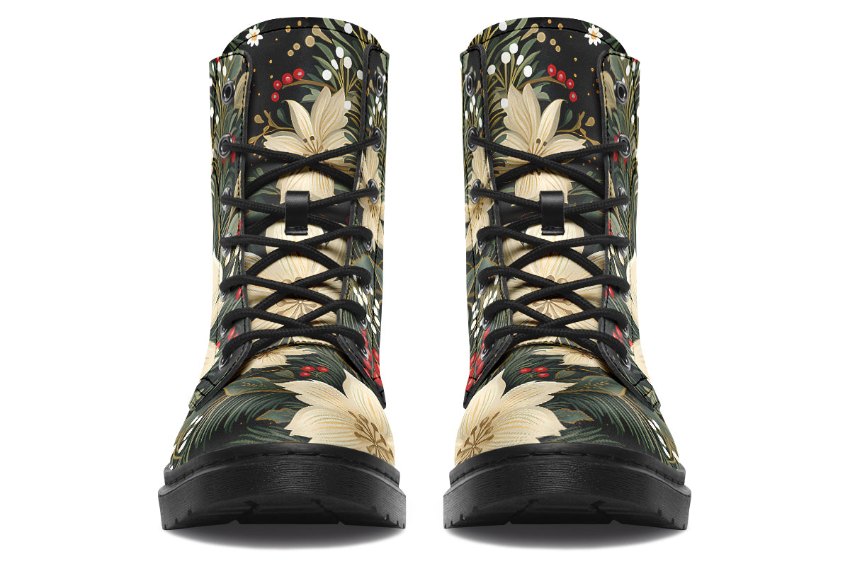 Boots featuring a design with deep green leaves, white flowers and red berries.