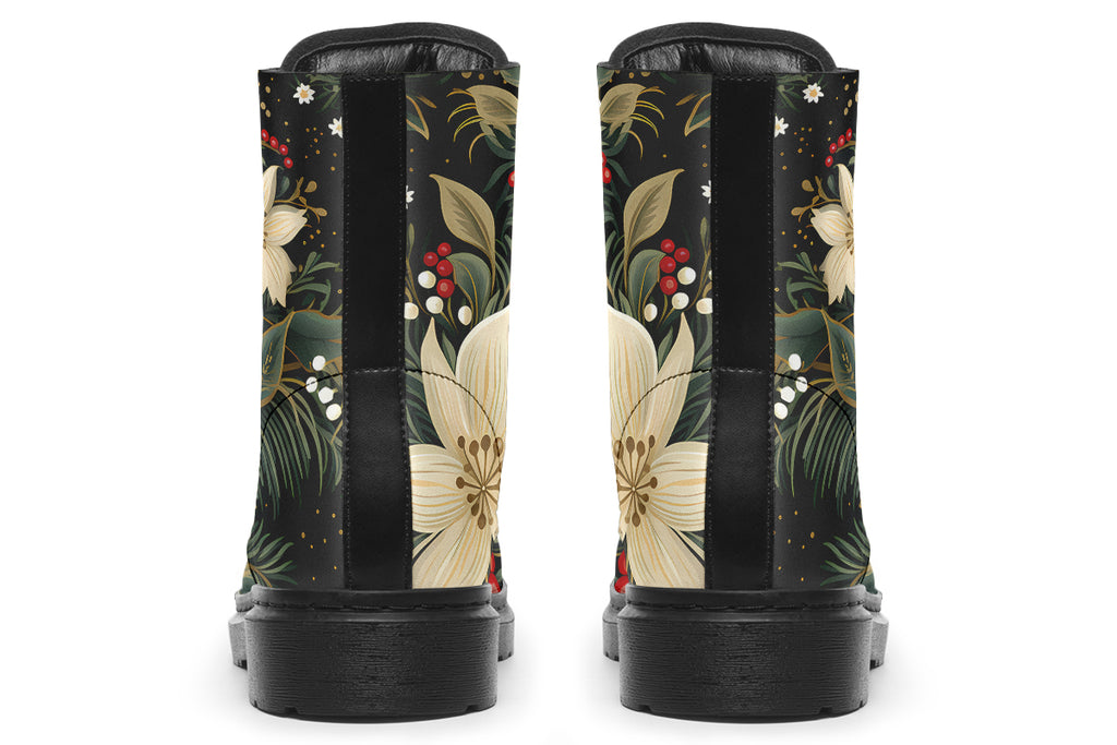 Boots featuring a design with deep green leaves, white flowers and red berries.