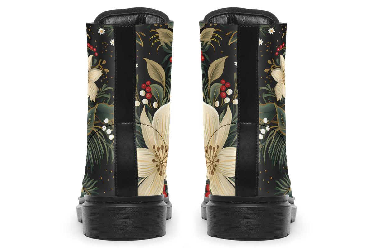 Boots featuring a design with deep green leaves, white flowers and red berries.