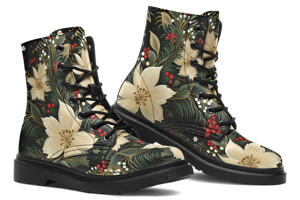Boots featuring a design with deep green leaves, white flowers and red berries.