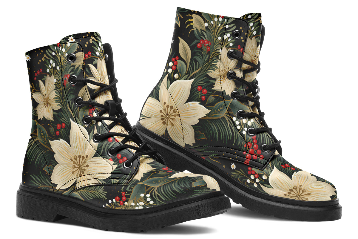 Boots featuring a design with deep green leaves, white flowers and red berries.