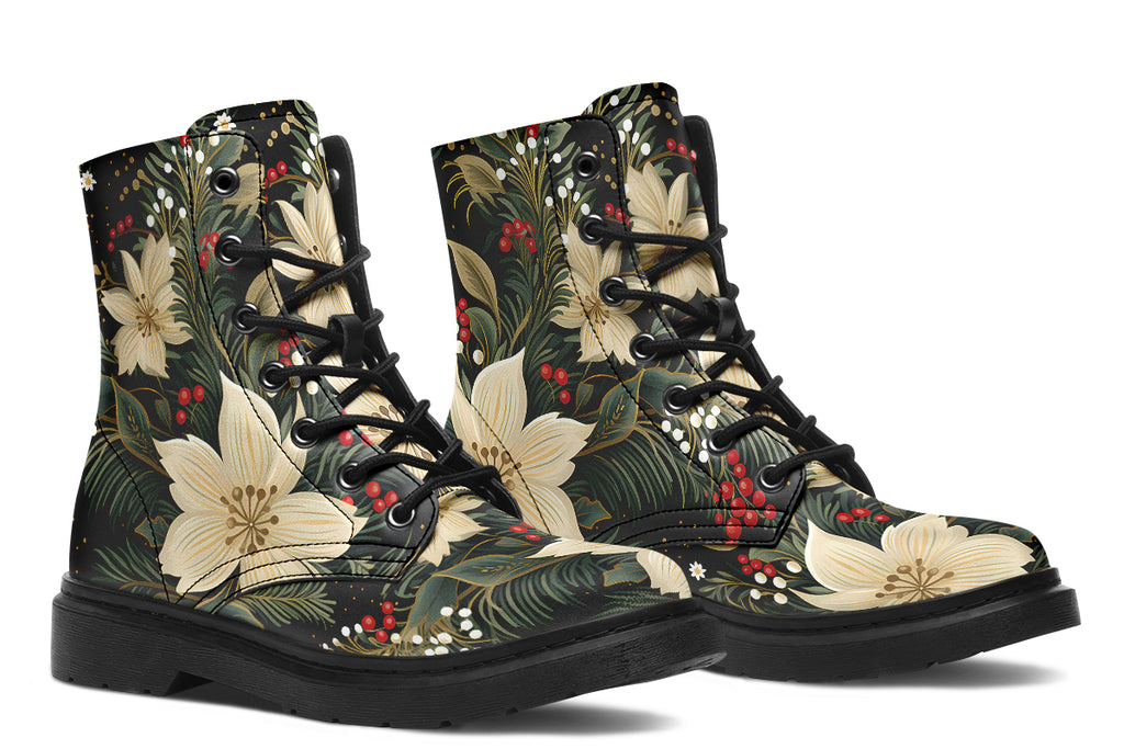 Boots featuring a design with deep green leaves, white flowers and red berries.