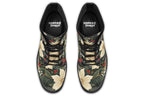 Boots featuring a design with deep green leaves, white flowers and red berries.