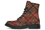Boots in a deep red and gold textured pattern, like one might find on Christmas wrapping paper