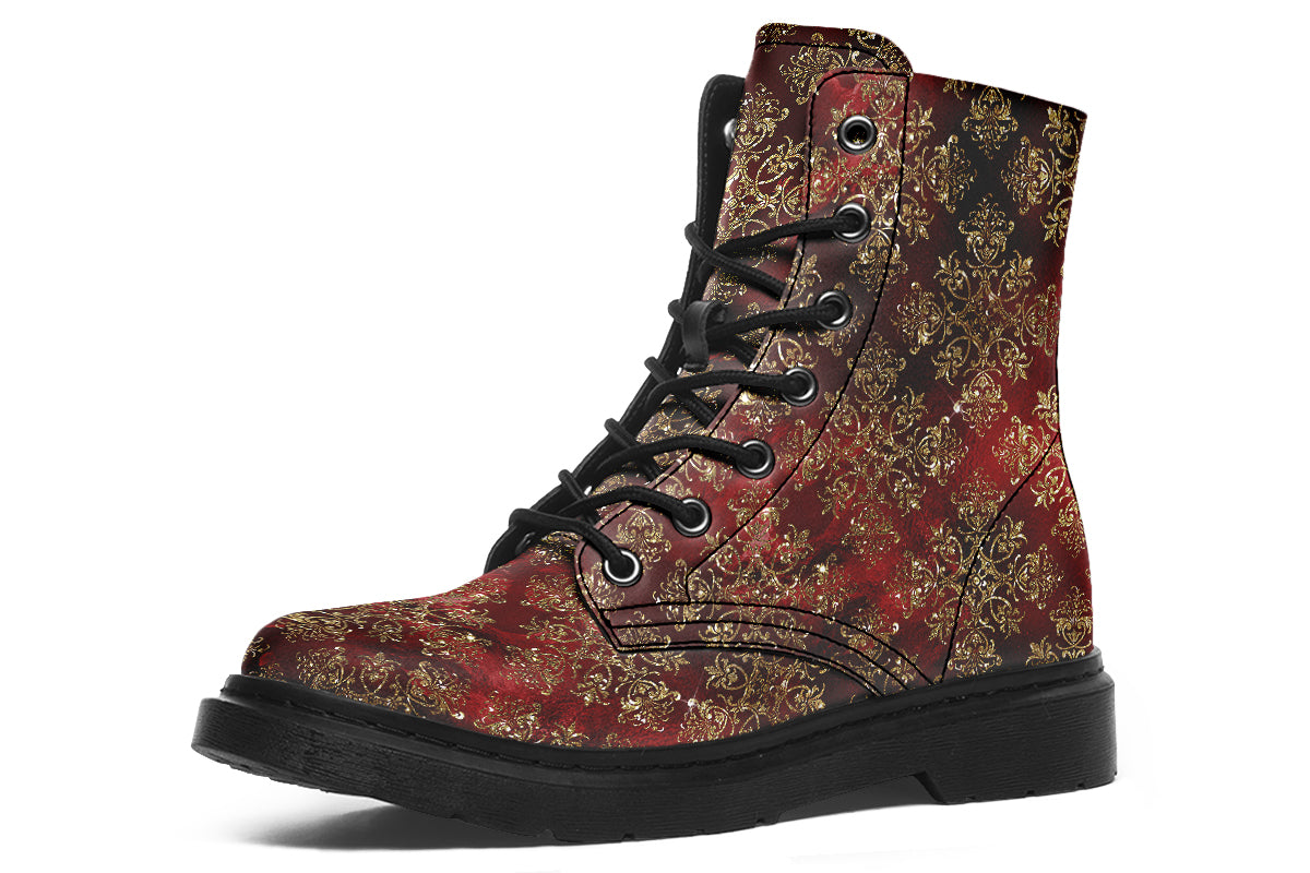 Boots in a deep red and gold textured pattern, like one might find on Christmas wrapping paper