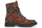 Boots in a deep red and gold textured pattern, like one might find on Christmas wrapping paper