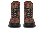 Boots in a deep red and gold textured pattern, like one might find on Christmas wrapping paper
