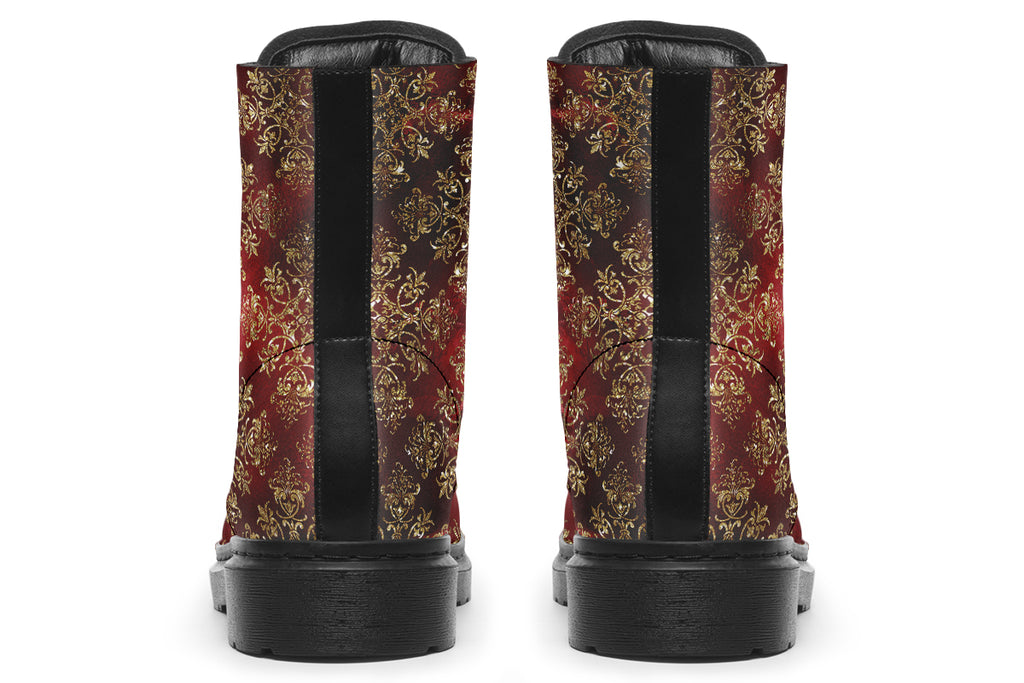 Boots in a deep red and gold textured pattern, like one might find on Christmas wrapping paper