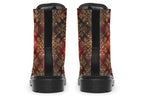 Boots in a deep red and gold textured pattern, like one might find on Christmas wrapping paper