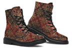 Boots in a deep red and gold textured pattern, like one might find on Christmas wrapping paper