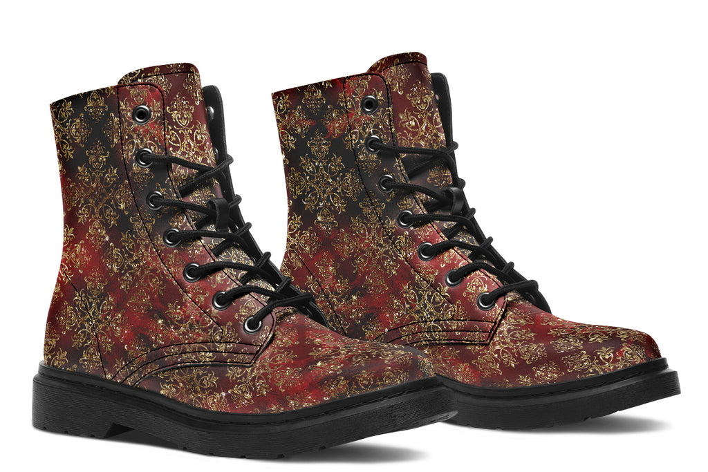 Boots in a deep red and gold textured pattern, like one might find on Christmas wrapping paper