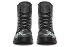 Boots with a subtle black leaves background, with an image of a cockatoo and Australian flora