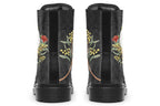 Boots with a subtle black leaves background, with an image of a cockatoo and Australian flora