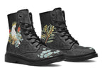 Boots with a subtle black leaves background, with an image of a cockatoo and Australian flora