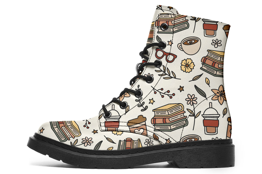 Design features icons of coffee, books and botanicals on an off-white background