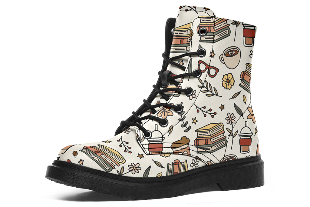 Design features icons of coffee, books and botanicals on an off-white background